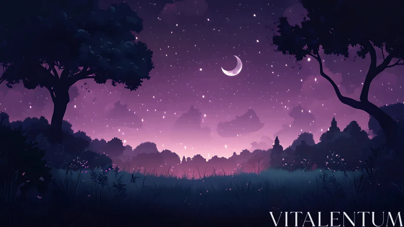 Crescent moon hangs above stylized forest under star field