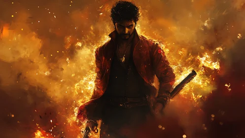 Lone armed figure emerging from intense surrounding flames.