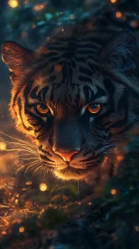 Ember-lit tiger portrait in glowing forest underbrush.