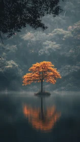 Photorealistic vertical study of lone autumn tree and reflection.