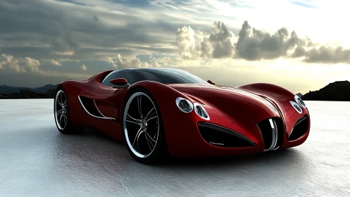 Red concept hypercar glides over reflective salt plain.