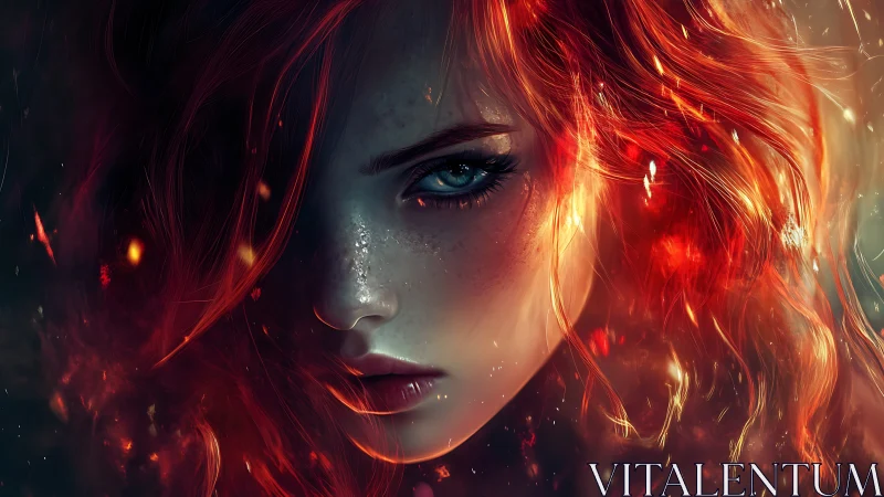 Fiery-haired digital portrait with intense blue gaze.