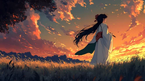 Female figure in traditional robe facing sunset sky field.