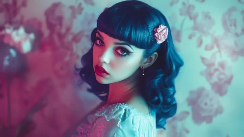 Retro portrait with teal magenta lighting and stylized bokeh background