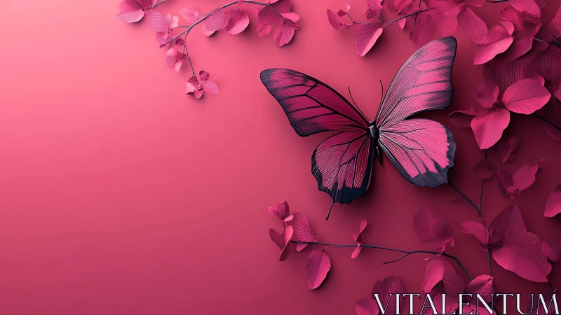 Pink butterfly rests amid stylized floral branches on pink field