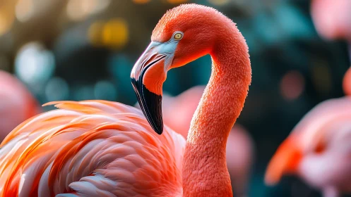 Graceful flamingo portrait in vivid coral plumage glow.