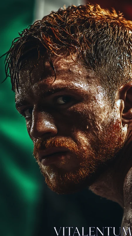 Wet male portrait with golden beard against neon green backdrop. 70