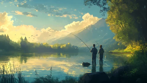 Anglers wade in golden lake beneath luminous alpine clouds.
