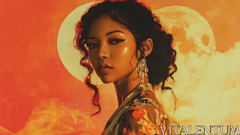 Solar-lit portrait merges lunar sky with fiery florals.
