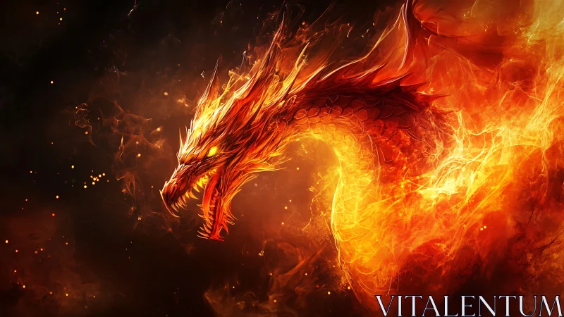 Fiery dragon head emerges from swirling orange flames