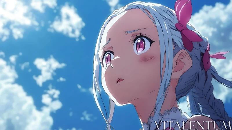 Anime girl in close-up low angle with dramatic sky lighting
