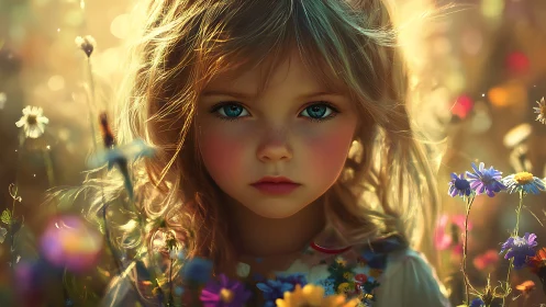 Child portrait in luminous wildflower field, golden bokeh glow.