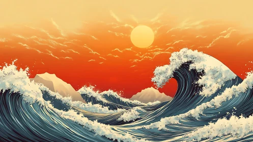 Large stylized ocean waves under setting sun and peaks.