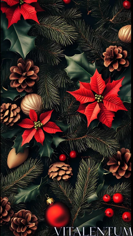 Holiday evergreens with poinsettias, cones and ornaments.