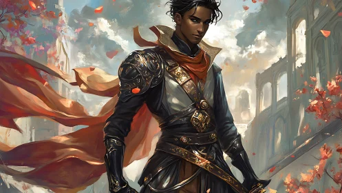 Armored fantasy warrior stands before ruined stone city