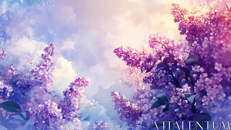 Lilac daydream garden blooming in pastel sunrise clouds.