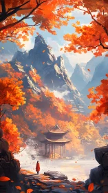 Crimson leaves crown a misty lake shrine in mountain silence.