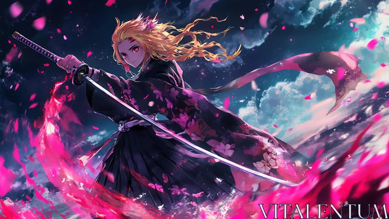 Blonde swordswoman amid flaming petals under stormy sky.
