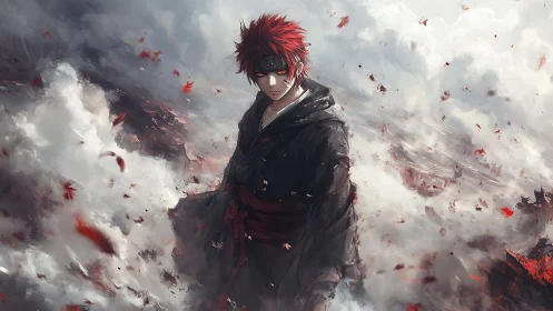 Red haired anime warrior stands in storm of ash and leaves.