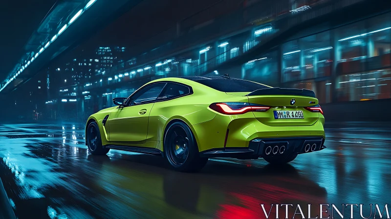 Bold lime-green sports coupe gliding through neon city streets.