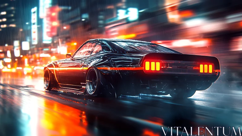 Retro muscle car glows through neon-soaked rainy cityscape.