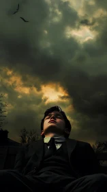 Dramatic low-angle portrait under turbulent storm cloud field.