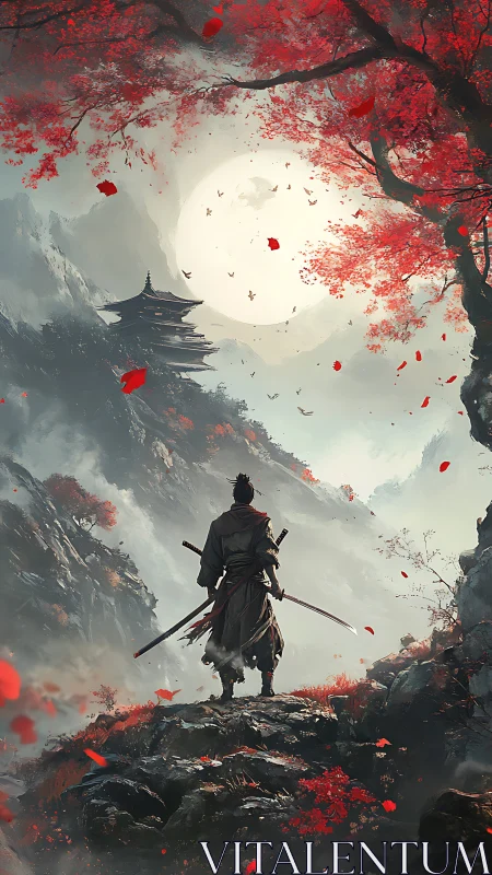 Samurai figure on rocky cliff under large pale moon.