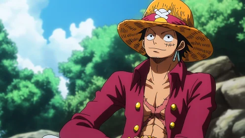 Straw hat anime pirate resting outdoors in forest scene.