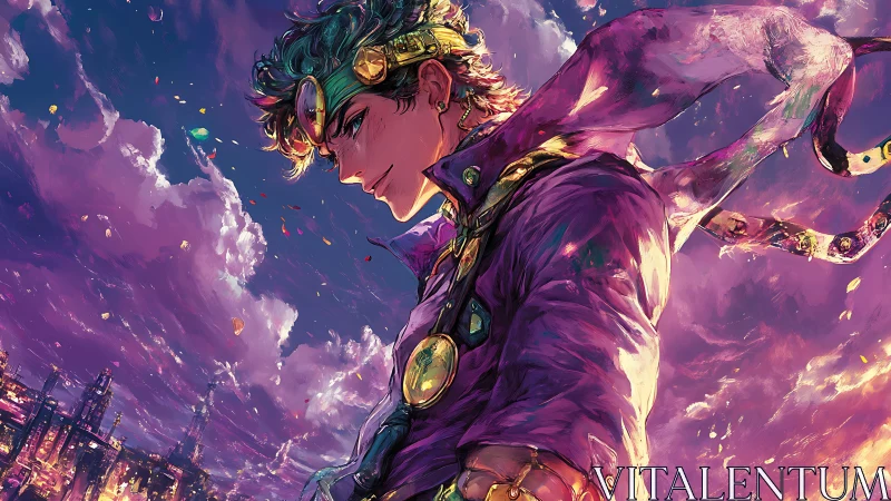 Anime hero in purple coat over neon industrial skyline.