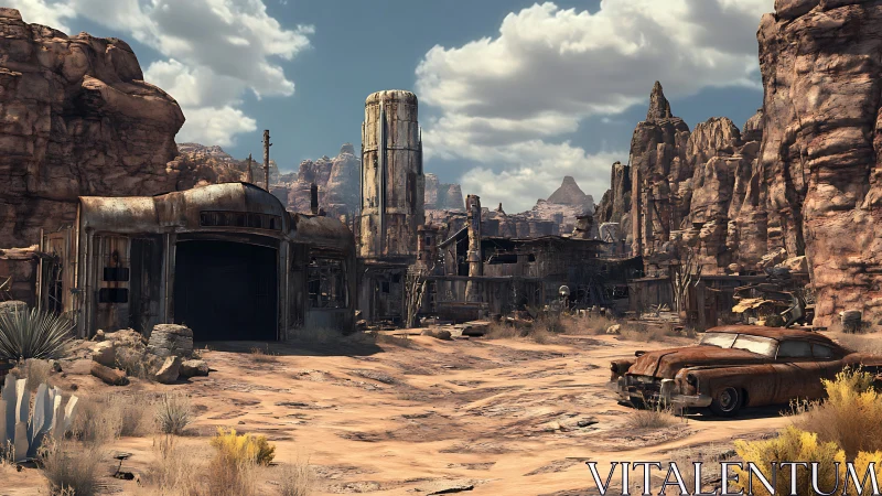 Desert ghost town shows rusted gas station and wrecked car.