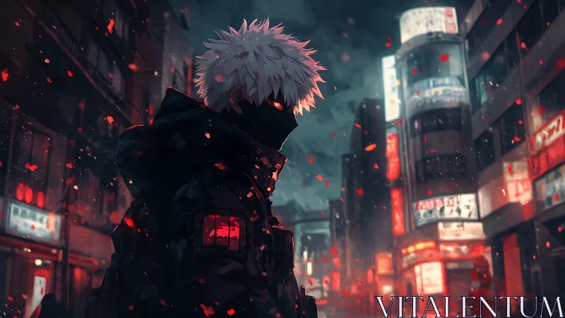 Masked figure stands in illuminated urban street at night