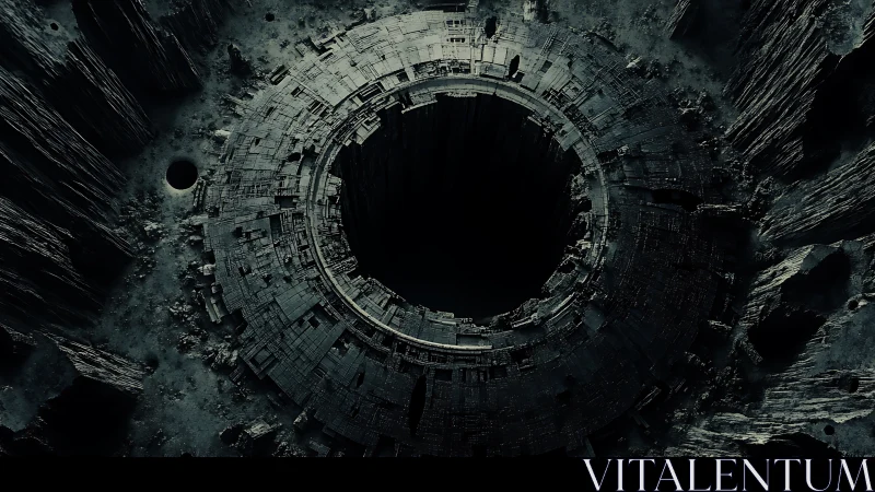 Circular subterranean shaft within eroded rocky terrain.