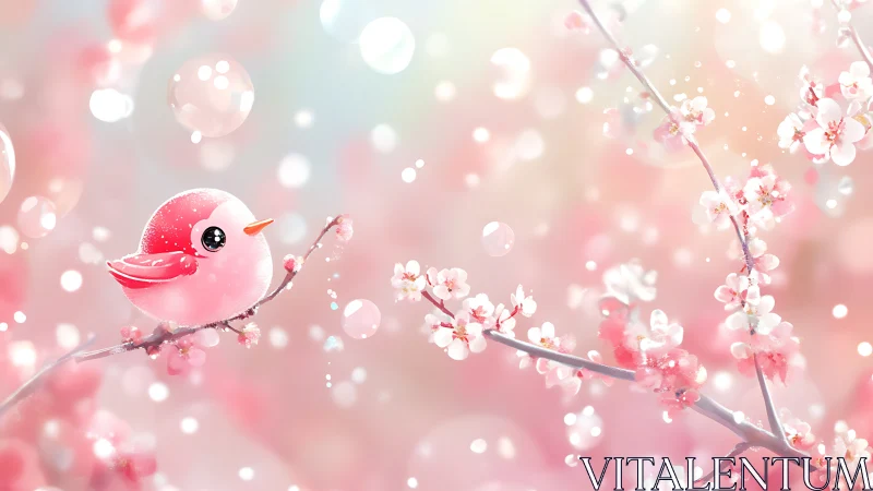 Rosy-Cheeked Songbird Perches Among Cherry Blossoms in Springtime