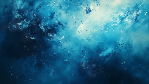 Abstract blue gradient with textured paint dispersion pattern.