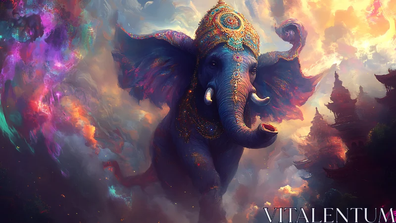 Luminescent celestial elephant in jewel-encrusted regalia ascends.