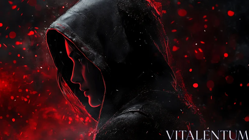 Side-lit hooded figure in red-black high contrast digital portrait
