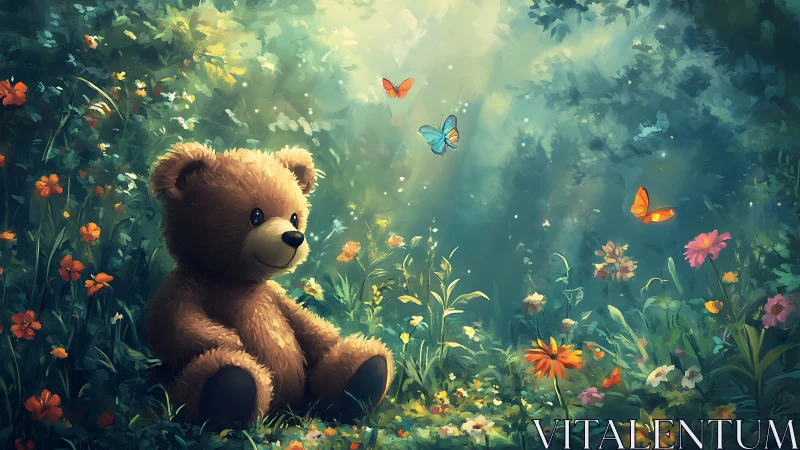 Teddy bear daydream in a sunlit meadow of bright butterflies.