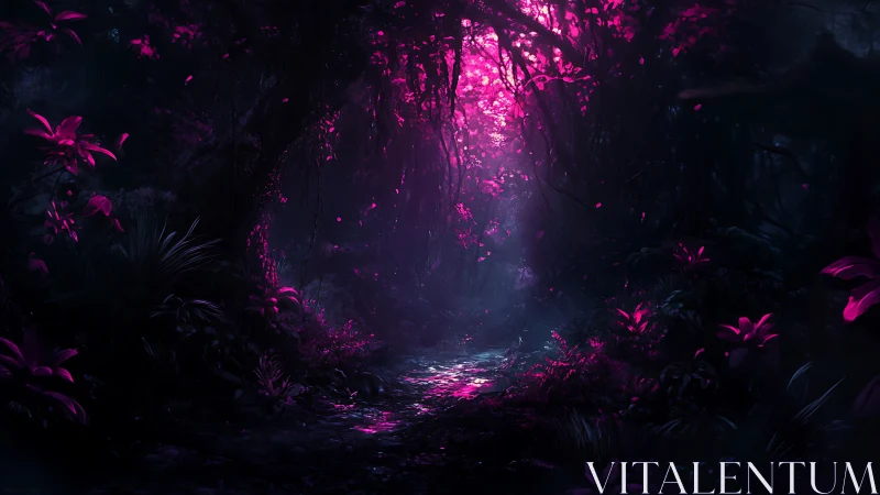 Bioluminescent forest corridor with magenta foliage illumination