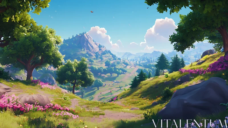 Sunlit stylized valley landscape recedes toward distant peaks