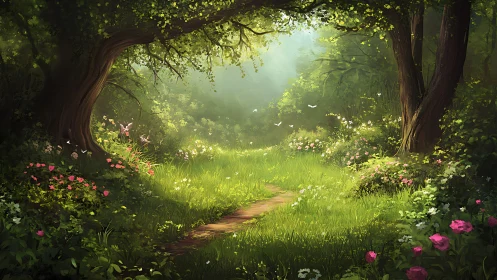 Sunlit Forest Sanctuary Where Ancient Trees Guard Emerald Dreams