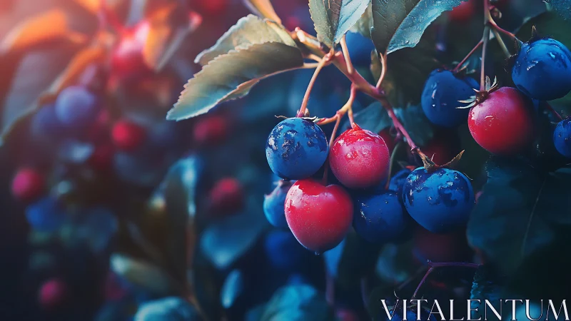 Ripe blue and red berries glow in enchanted garden light