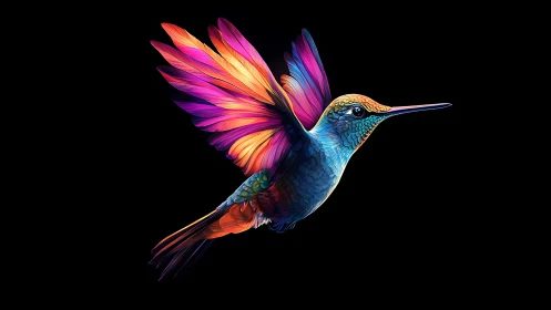 Vibrant digital hummingbird glows against deep black space