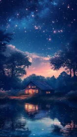Cozy riverside cabin rests beneath a glowing starlit sky