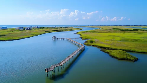 Elevated boardwalk curves through coastal marsh estuary.