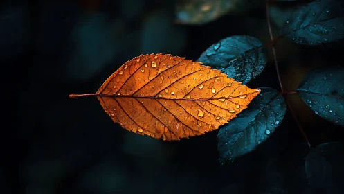 Golden autumn leaf holds raindrops over deep teal foliage