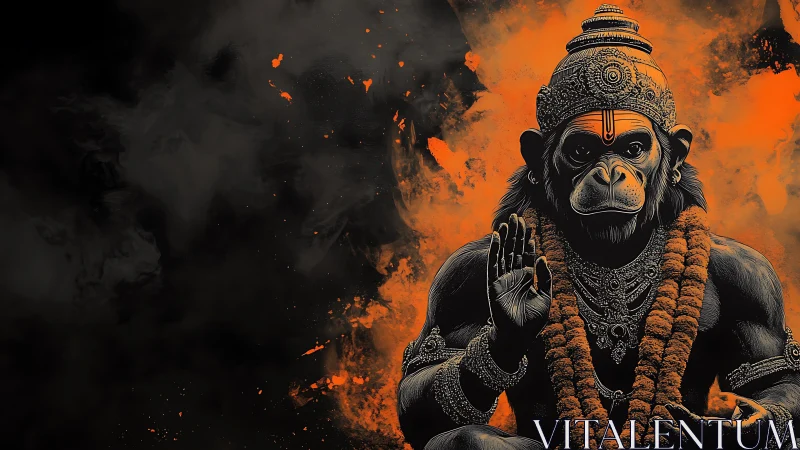 Mythic simian deity rendered in high-contrast digital chiaroscuro.