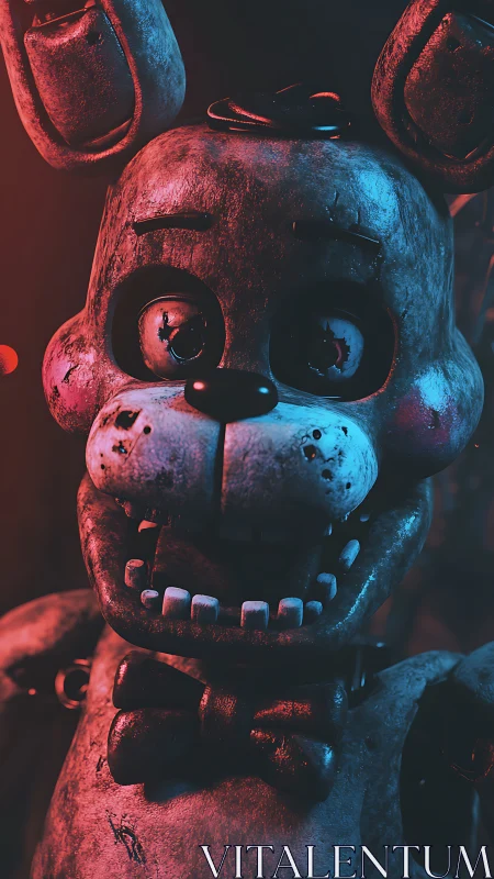 Rusty robot bunny grinning in eerie neon shadows.