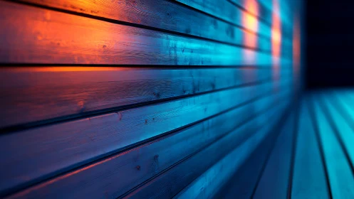 Horizontal wooden planks are illuminated by blue and orange light