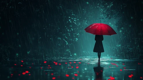 Silhouette holding red umbrella stands alone on wet road