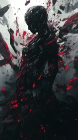 Silhouette figure dissolves into red and black shards